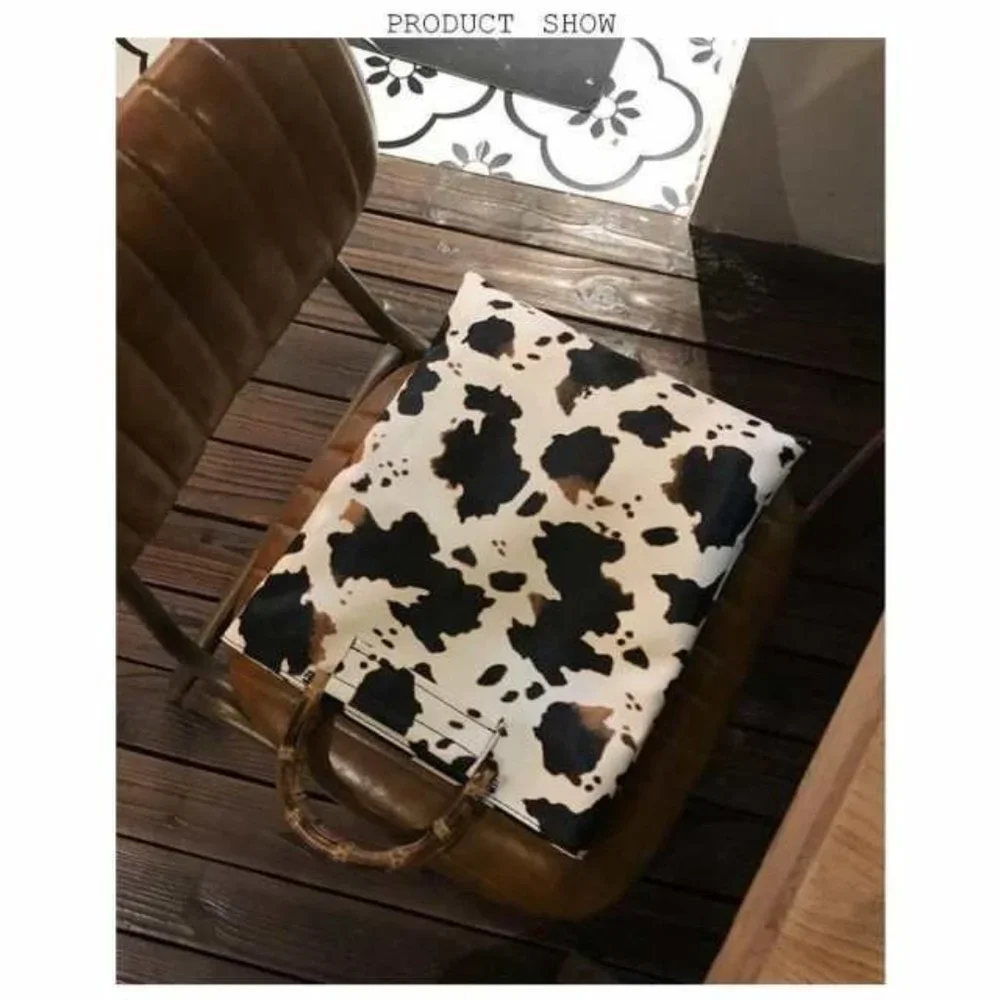 Cow Print Handbag Bamboo Handle Purse Womens Western Collapsible Top Handle Bag